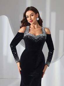 Elisanya Women's Ruffled Rhinestone Velvet Dress With Backless Tie Design, Elegant - Black - View 9