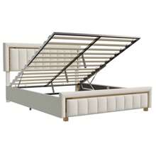 Cama tapizada 140/160*200cm, cama doble hidráulica con canapé, canapé con estructura de láminas de madera, cama juvenil, cama de metal, estructura de cama de terciopelo, rayas doradas, beige