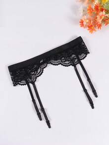 女式花卉蕾丝吊袜带网状吊袜带套装，带 4 条带夹，适合大腿袜（不含丝袜） - 黑色 - 查看 3