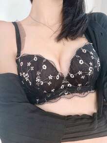 Women's Special Push-Up Enlargement Embroidered Ditsy Floral Beautiful Back Bra, For Flat Chest Only Lingerie - Black - View 4