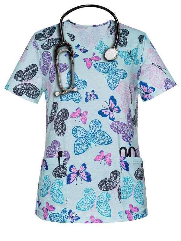 Butterfly Print V-Neck Scrub Top, Summer Casual Short Sleeve Patched Pockets Nurse Uniform, Women's Clothing