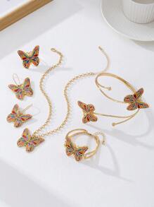Designer Fashion Vintage Colorful Enamel Butterfly Decorated Pendant, Bracelet, Ring, Earring, Arm Band Jewelry Set, Suitable For Women Beach Vacation Wear, Excellent Gift Choice For Festivals