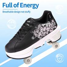 TWFJEL Shoes With Wheels For Girls, Roller Skate Shoes, Skateboard Shoes, Inline Skates, Adjustable Women's Shoes With Wheels For Girls And Boys - 黑與白 - 查看 5