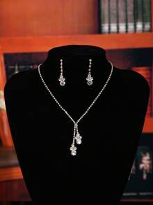 1 Set Minimalist Elegant Women's Jewelry Set - Necklace, Earrings, Bracelet, Copper Material Embedded With Sparkling Crystals, Best For Wedding, Party - Silver - View 13