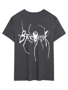 Men's Casual Letter & Spider Print Round Neck Short Sleeve T-Shirt, Summer - Dark Grey - View 2