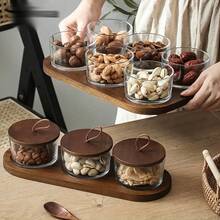 1件套豪华甜品碗配红木托盘，家用水果盘，小吃托盘，客厅隔间果盘，茶室玻璃碗甜点，红木托盘，礼物 - 金色 - 查看 3