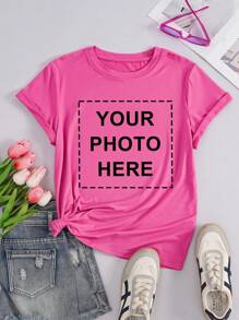 Customizable Cream Yellow Personalized Women's T-Shirt - Add Your Own Photo/Text (Family Photo/Selfie/Slogan/Journal), Design Your Own Custom Printed T-Shirt, Fashionable, Hip-Hop, Unique Women's Clothing, Can Be Given As A Gift To Your Girlfriend, Family, Friends, Children, Unleash Your Design Creativity. - Hot Pink - View 6