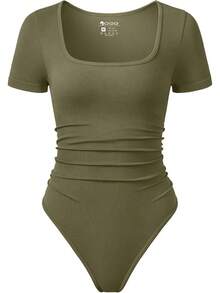 OQQ Women Bodysuits Ruched Short Sleeve Square Neck Stretch Lounge Travel Bodysuits - Sauerkraut - 查看 1
