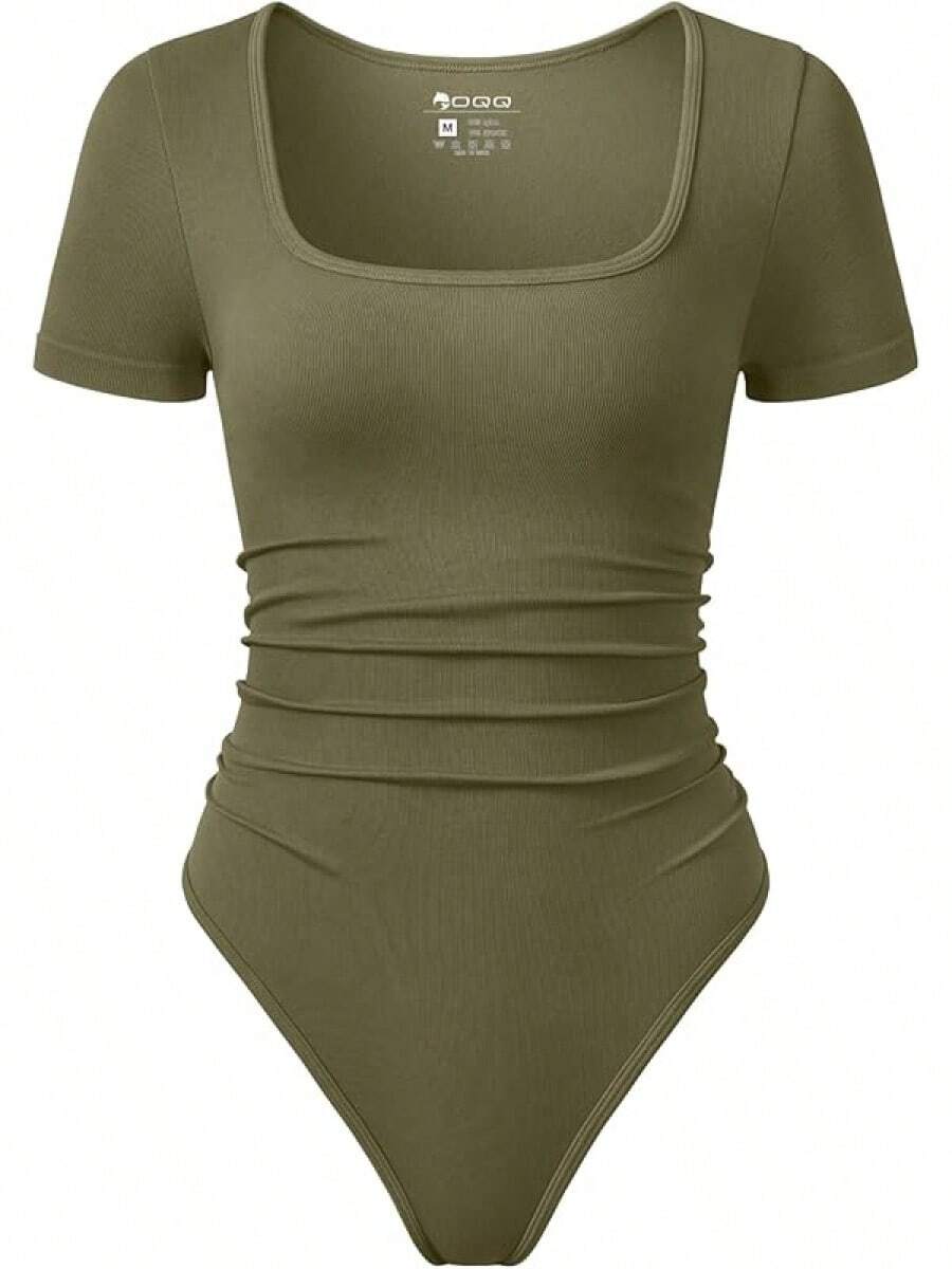 OQQ Women Bodysuits Ruched Short Sleeve Square Neck Stretch Lounge Travel Bodysuits - Sauerkraut - 查看 1
