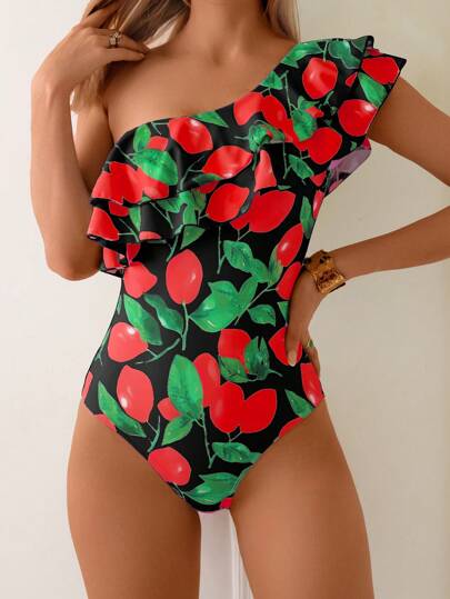 Women's Fashion Lemon Print Ruffle One-Piece Shoulder Dress