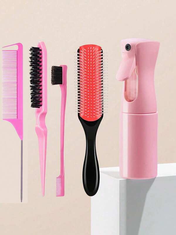 5pcs Detangling Brush Set 9-Row Cushion Nylon Styling Brushes, Rattail Comb Cutting Comb Set For African Hair Textured Kinky Wavy/ Curly/ Coily/ Wet/ Dry/ Oil/ Thick/ Long Hair Detangling Brush For Curly Hair Brush For Afro America 3a To 4c Kinky Wavy, Curly, Coily Hair, Detangle Easily With Wet/Dry , Mist Spray Bottle For Hair Bottle200ml