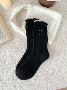 1 Pair/6 Pairs Women Calf Socks With Braided, Bow, Embroidered Patterns, Retro Fashion Versatile Wool Socks, Warm And Windproof, Suitable For Autumn/Winter Daily Wear