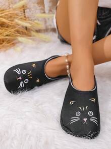 Women's Autumn/Winter Indoor Slippers, Cute Cat Print House Non-Slip Socks - Black - View 3