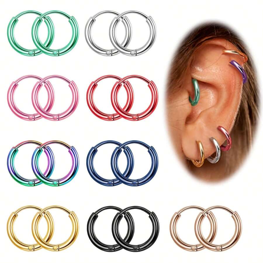 2 Pcs Simple And Fashionable 304 Stainless Steel Small Hoop Coil Earrings, Available In Multiple Colors, Suitable For Both Men And Women, Suitable For Daily Or Party Use, Can Be Given As Gifts To Friends - 10mm1 Set 2 Pieces - View 1