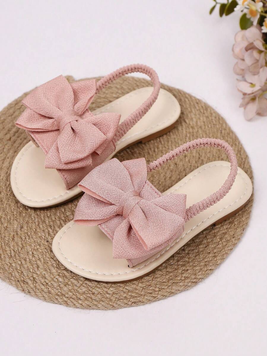 1双粉色加大码女童平底凉鞋，纯色网布大蝴蝶结装饰，可调节绑带，圆头防滑轻便鞋底，时尚可爱罗马凉鞋，适合3-15岁女学生日常、聚会、休闲、旅行穿着，2025春夏款 - 粉色 - 查看 1