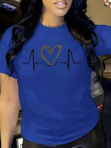 Camiseta Casual de Mujer con Estampado de Leopardo y Gráfico de Corazón & Línea  Semi-Transparente de Cuello Redondo, Manga Corta, Transpirable para Verano, Lavable a Máquina, Material Semitransparente