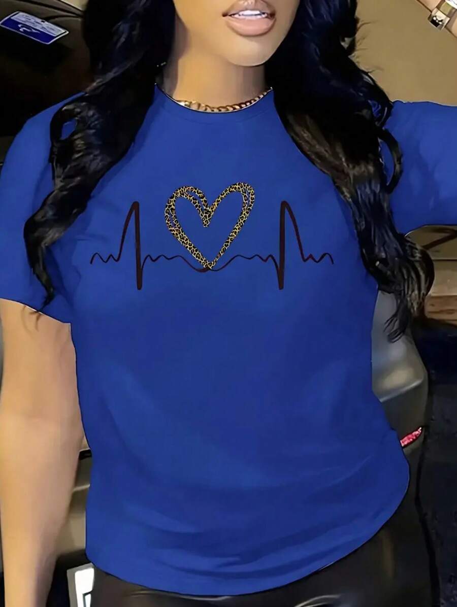Camiseta Casual de Mujer con Estampado de Leopardo y Gráfico de Corazón & Línea  Semi-Transparente de Cuello Redondo, Manga Corta, Transpirable para Verano, Lavable a Máquina, Material Semitransparente