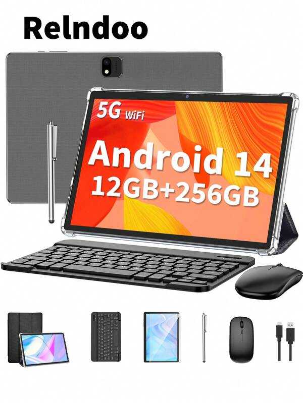 Relndoo Tablet Android 2025 Última Versión, Android 14 Tableta 2 en 1, Tableta de 10.1 Pulgadas con Funda, 4 Núcleos a 2.0 GHz, 12 GB (6+6) RAM + 256 GB ROM, Wi-Fi 2.4G + 5G, Pantalla IPS Full HD, Cámara Dual 5 MP + 8 MP, Puerto Type-C, Batería 8000 mAh, Compatible con Tarjeta SD de hasta 1 TB, Incluye Teclado, Ratón, Lápiz Stylus, Funda Protectora y Protector de Pantalla (Sin Adaptador)