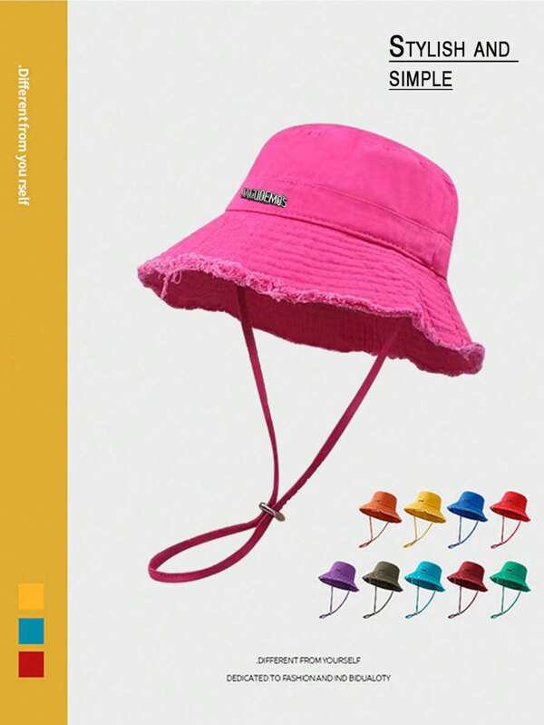 Sombrero de cubo con letras metálicas deshilachadas de estilo coreano, gorra vintage de color rojo rosa para protección solar al aire libre y senderismo para mujeres