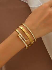 1/3pcs French Elegant And Fashionable Lucky Four-Leaf Clover And Starry Sky Zirconia Bracelet Set, 18K Gold-Plated Mirror Polished, Vacuum Electroplated, Waterproof And Not Easy To Fade Stainless Steel Bracelet Set, Women's Jewelry, Suitable For Women's Gatherings