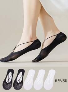 5 Pairs Solid Color Bow Cartoon Women Summer Thin Mesh Breathable Invisible Socks With Silicone Anti-Slip Boat Socks