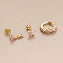 3 件粉色水晶花心形耳环，女士时尚 18K 镀金不锈钢和铜几何耳钉吊坠耳环，奢华珠宝，情人节、妈妈、母亲节礼物 - 3pcs Earrings set - 查看 6