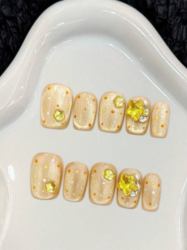 10PCS Y2K Orange Short Cat Eyes Press On Nails Natural Unbreakable Nail Simple Wear For Fingernail DIY Decoration