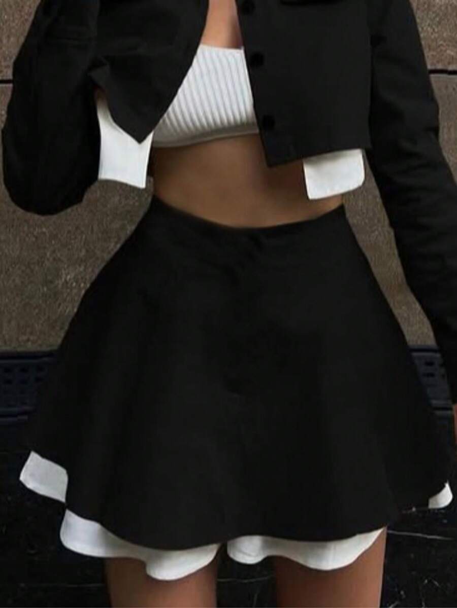 Women's High Waist Pleated Loose Casual Skorts, Color Blocking - Black and White - View 1