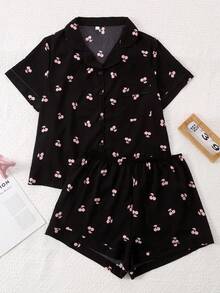 Plus Size Women Cherry Print Short Sleeve Shirt Pajama Set With Shorts, Outfits - Black - View 1