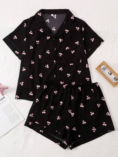 大码女式樱桃印花短袖衬衫睡衣套装（含短裤和服装）