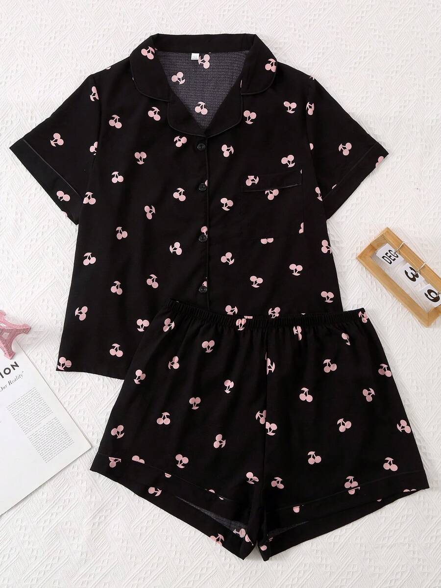 Plus Size Women Cherry Print Short Sleeve Shirt Pajama Set With Shorts, Outfits - Black - View 1