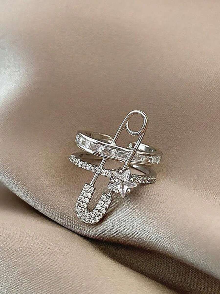 1pc Fashionable Micro-Inlaid Zirconia Five-Pointed Star Brooch Ring