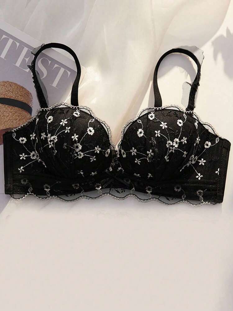 Women's Special Push-Up Enlargement Embroidered Ditsy Floral Beautiful Back Bra, For Flat Chest Only Lingerie - Black - View 5