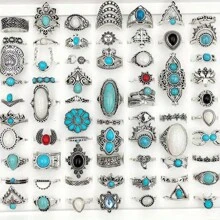 20Pcs/Lot Retro Bohemian Style Turquoise Rings For Women Mix Style Blue Artificial Stone Finger Jewelry Set Party Gifts Random Style