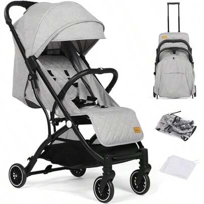 Lightweight Travel Stroller Compact Baby Pushchair With Adjustable Seat, Mosquito Net, Rain Cover, One-Hand Folding Buggy With 5-Point Harness For Toddlers From Birth To 15kg (Light Grey)