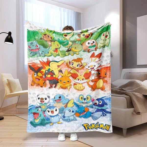 pokemon 1pc Pokemon Series Cartoon Print Flannel Blanket - Soft & Comfortable Multi-Purpose Blanket For Living Room, Bedroom, Camping And Travel, Suitable For All Seasons, Bedroom Blanket | Cartoon Theme | Warm Polyester Blanket