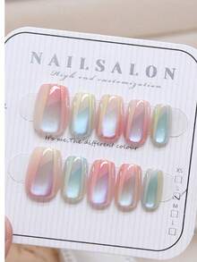 10Pcs Ombre Cat Eye Press-On Nails - Short Ballet Shape, Candy Colors, Glossy Finish, Easy To Apply And Reusable - Salon Quality Look Nail Supplies Nails - Multicolor - View 7