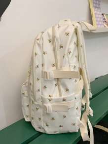Mochila Feminina de Impressão Colorida Contrastante com Decoração Fofa de Urso, Design de Vários Bolsos de Grande Capacidade para Viagem, Trabalho, Escola, Alças de Ombro Ajustáveis, Adequado para Lazer, Compras, Estudante