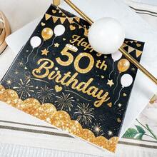 100/60/20 件 13 * 13 英寸一次性生日主题派对餐巾，黑色背景，金色 50 岁生日快乐文字，生日皇冠和气球图案，用于生日派对、家庭聚会、酒店和餐厅装饰餐巾