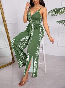 Mono De Tirantes Con Estampados Tropicales Para Dama, Mono De Pernera Ancha Con Abertura Hasta El Muslo