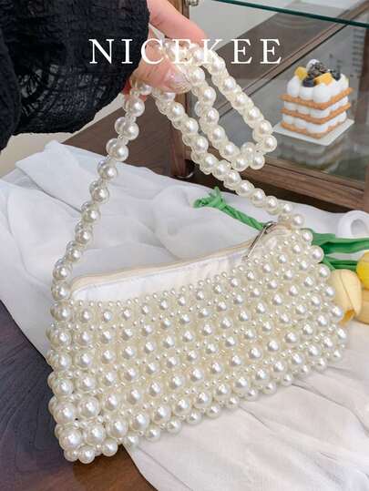 New Retro Chain Underarm Bag, Hand-Woven Beaded Pearl Bag, Fashionable And Versatile Shoulder Bag, Daily Simple Texture, Niche Design, Temperament Dinner Bag, Suitable For Going Out On A Date With A Dress To Attend A Dinner Party