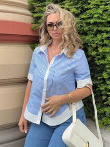Jeta Ari Camisa de manga corta de estilo de vacaciones casual urbano con bolsillo, en diseño de bloques de color y rayas de patchwork - azul real - Ver 6