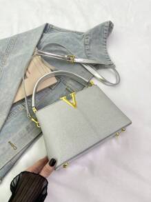 New Fashion Women's Handbag, Solid Color Minimalist PU Texture Pattern, Elegant V-Shaped Metal Hardware, Suitable For Dates, Shopping, Parties, Versatile & Exquisite Design