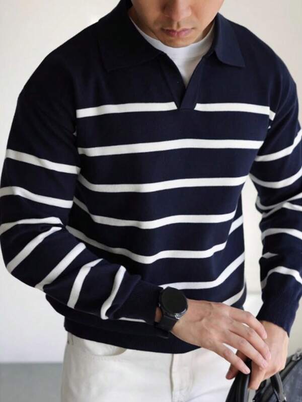 Long Sleeve Striped Airplane Collar Knit Sweater