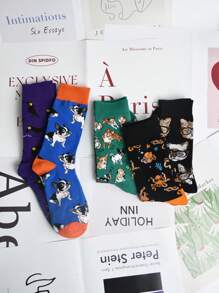 5 Pairs Women Cartoon Dog Print Socks, Cute Animal Pattern Comfortable Daily Casual Fashion Mid-Calf Socks, Autumn/Winter