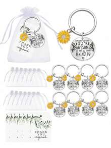 12pcs/4pcs/Set Inspirational Sunflower 'You'Re Awesome' Keychain Gift Set ,Include Stainless Steel Key Chain,Green Leaf Thank You Card, White Organza Gift Bag, Perfect For Party Supplies,Birthdays, Graduations & Christmas Gifts For Teachers And Colleagues Coworker Appreciation Gift,