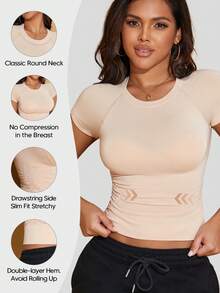 1件女士褶皱胸衣，竹纤维短袖修身塑形上衣，显瘦透气舒适T恤