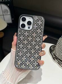 1pc Black Rhombus Studded Phone Case, Oil Painting Texture Anti-Drop Bling Phone Cover Suitable For IPhone 16 Pro Max/13/14 Pro/15 Plus