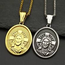 Collar con colgante de cruz cristiana de Jesús para mujeres y hombres, collar de medalla de acero inoxidable chapado en oro, joya amuleto como regalo - collar - Ver 1