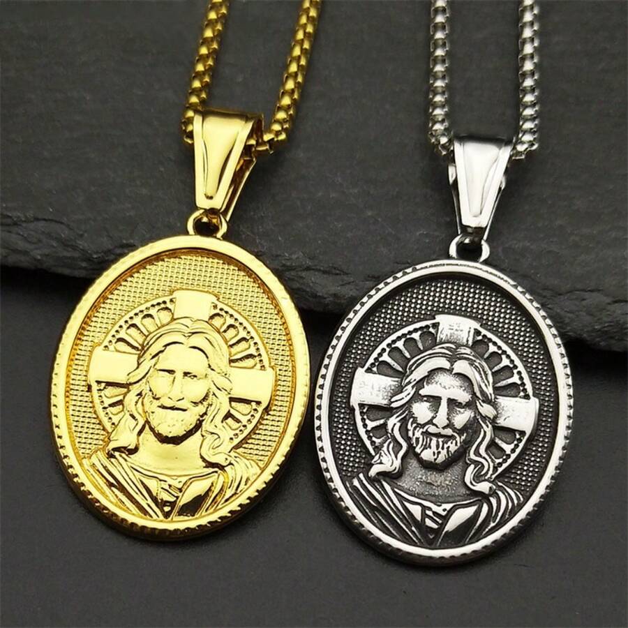 Collar con colgante de cruz cristiana de Jesús para mujeres y hombres, collar de medalla de acero inoxidable chapado en oro, joya amuleto como regalo - collar - Ver 1